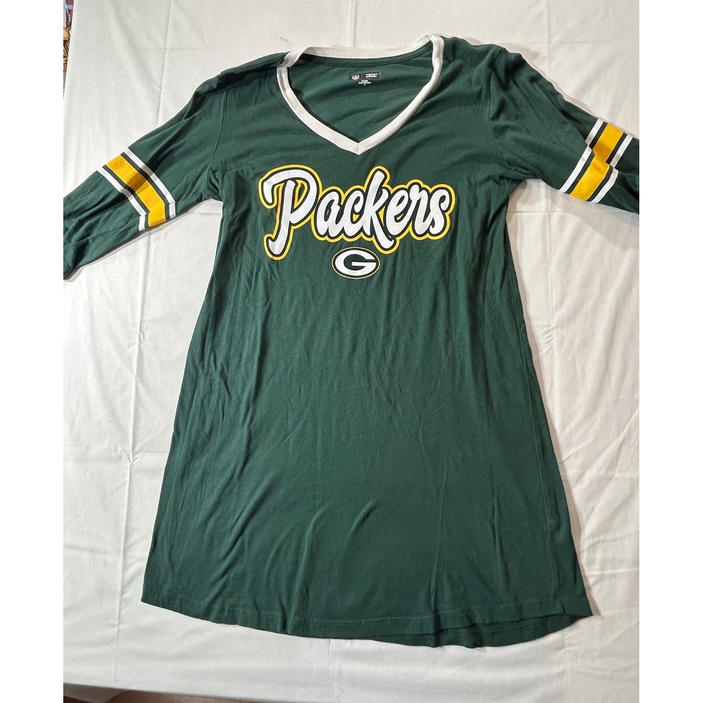 NFL Team Apparel Green Bay Packers Green V-Neck Long Sleeve T-Shirt Dress Small